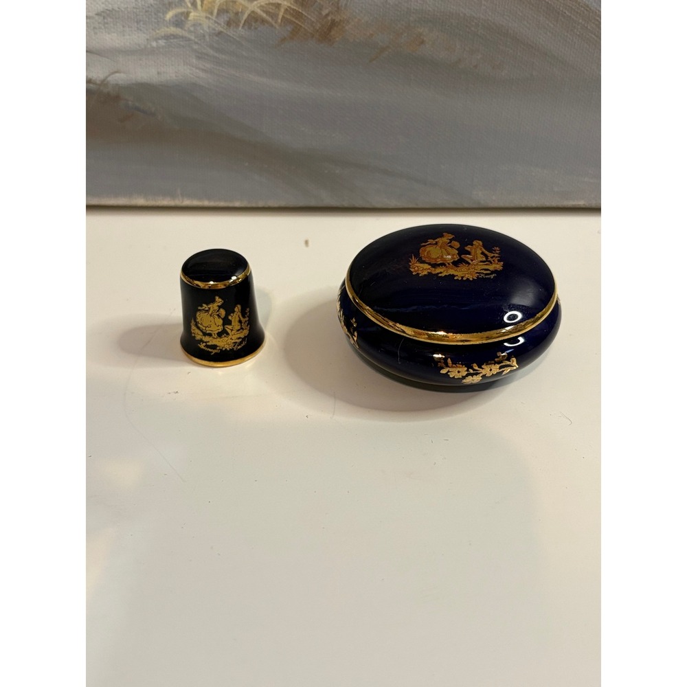 Vintage Limoges France Cobalt Blue Gold Fragonard Trinket Box & Thimble Set